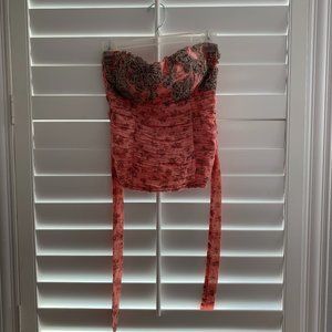 Strapless Tube Top Floral Design Appliqué with Ruching & Decorative Tie